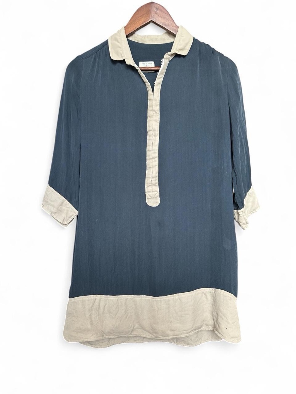 Rag & Bone 100% Silk Two Tone Shirt Dress Hook & Eye Front Size 6